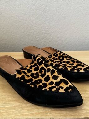 Halogen Corbin Leopard Print Calf Hair Black Suede Point Slide Women Mules 9M